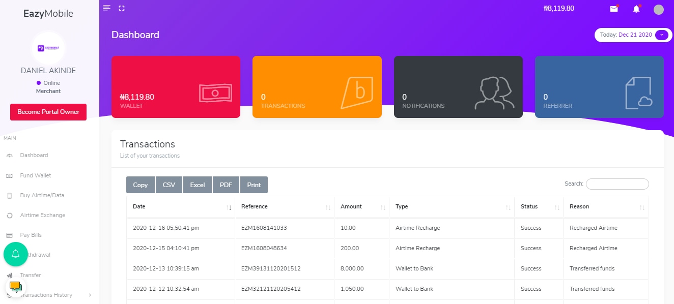 EAZYMOBILE DASHBOARD